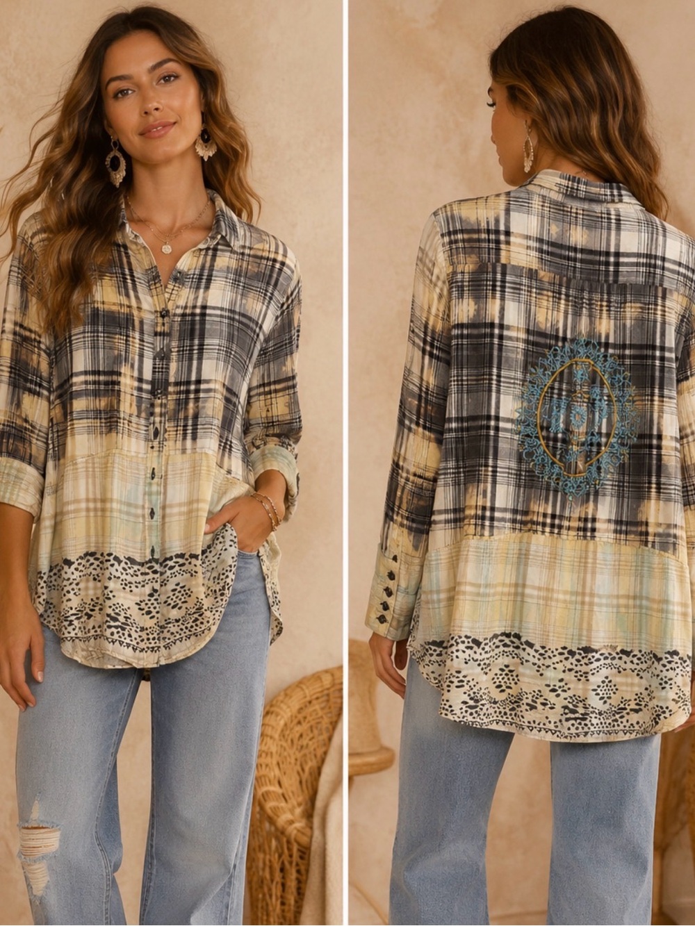 Tolani Plaid Tye Dye Button Down Shirt (091023) 🌼